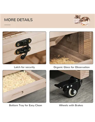 PawHut Wooden Hamster Cage, Mice Rodent Small Animals Kit Hutch, 3 Tiers Exercise Play House, with Wheels, Bottom Tray, 99 x 50 