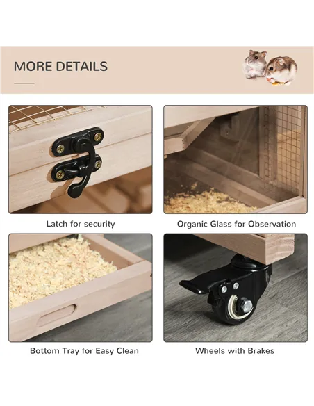 PawHut Wooden Hamster Cage, Mice Rodent Small Animals Kit Hutch, 3 Tiers Exercise Play House, with Wheels, Bottom Tray, 99 x 50 