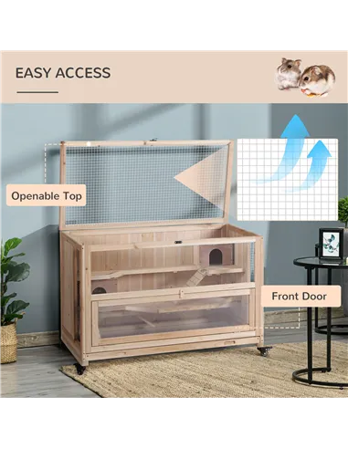 PawHut Wooden Hamster Cage, Mice Rodent Small Animals Kit Hutch, 3 Tiers Exercise Play House, with Wheels, Bottom Tray, 99 x 50 