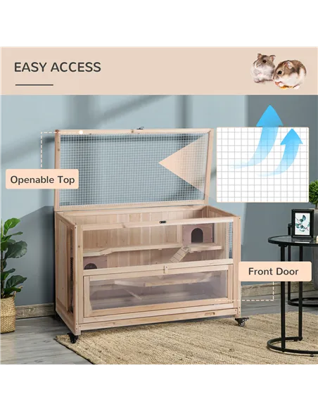 PawHut Wooden Hamster Cage, Mice Rodent Small Animals Kit Hutch, 3 Tiers Exercise Play House, with Wheels, Bottom Tray, 99 x 50 