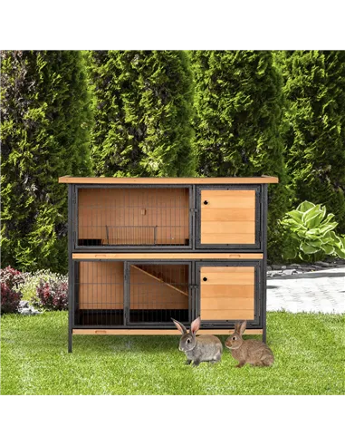 PawHut Wooden Metal Guinea Pigs Hutches Pet House Bunny w/ Slide-Out Tray Outdoor Light Yellow,black