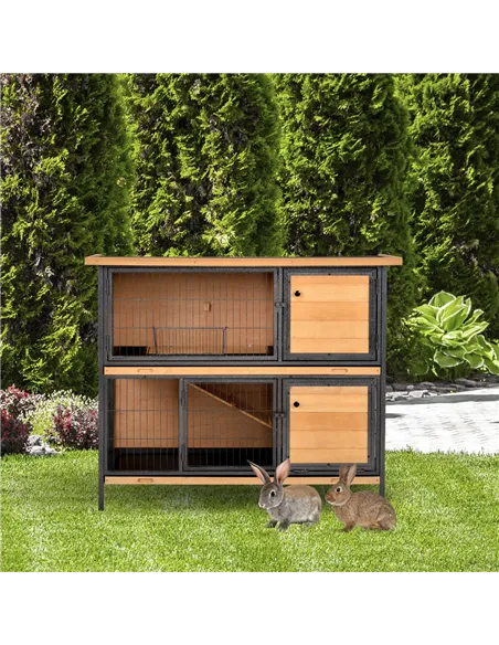 PawHut Wooden Metal Guinea Pigs Hutches Pet House Bunny w/ Slide-Out Tray Outdoor Light Yellow,black