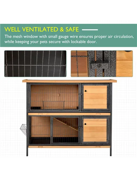PawHut Wooden Metal Guinea Pigs Hutches Pet House Bunny w/ Slide-Out Tray Outdoor Light Yellow,black