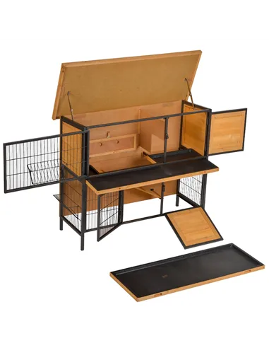 PawHut Wooden Metal Guinea Pigs Hutches Pet House Bunny w/ Slide-Out Tray Outdoor Light Yellow,black