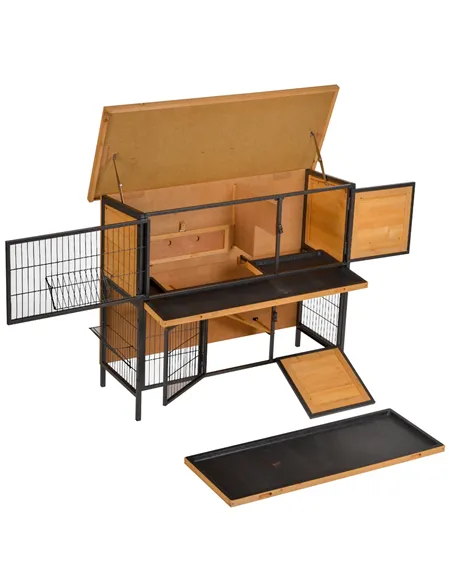 PawHut Wooden Metal Guinea Pigs Hutches Pet House Bunny w/ Slide-Out Tray Outdoor Light Yellow,black