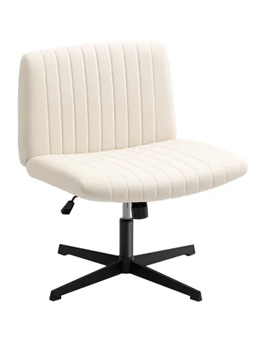 HOMCOM Armless Office Chair No Wheels, Linen Fabric Criss Cross Legged Desk Chair with Wide Seat, Thick Padding, Tilt Function, 