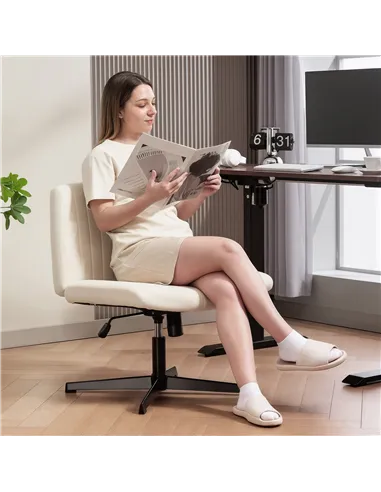 HOMCOM Armless Office Chair No Wheels, Linen Fabric Criss Cross Legged Desk Chair with Wide Seat, Thick Padding, Tilt Function, 