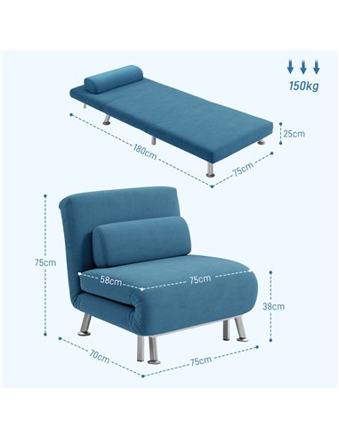 HOMCOM Single Velvet-Feel Sleeper Chair - Blue