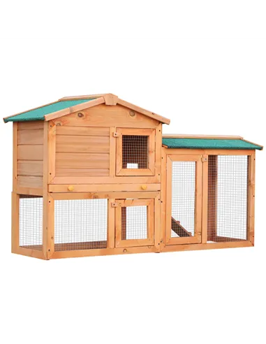 PawHut Rabbit 2 Tier Fir Wood Small Animal Hutch Guinea Pigs Hutches w/ Ramp Brown