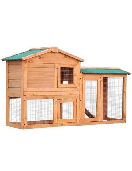 PawHut Rabbit 2 Tier Fir Wood Small Animal Hutch Guinea Pigs Hutches w/ Ramp Brown