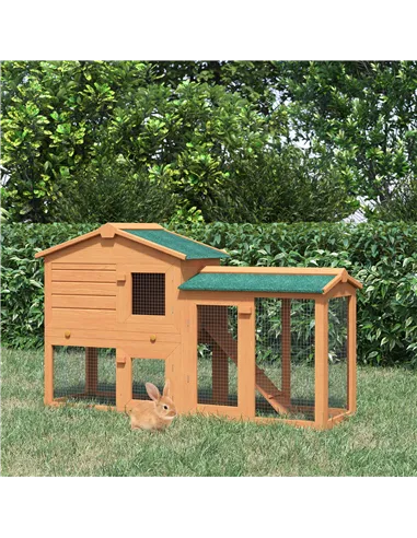 PawHut Rabbit 2 Tier Fir Wood Small Animal Hutch Guinea Pigs Hutches w/ Ramp Brown