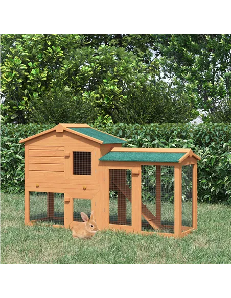 PawHut Rabbit 2 Tier Fir Wood Small Animal Hutch Guinea Pigs Hutches w/ Ramp Brown