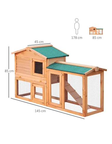 PawHut Rabbit 2 Tier Fir Wood Small Animal Hutch Guinea Pigs Hutches w/ Ramp Brown