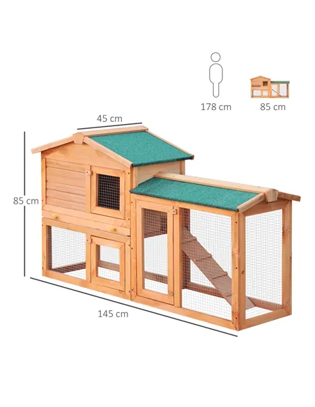 PawHut Rabbit 2 Tier Fir Wood Small Animal Hutch Guinea Pigs Hutches w/ Ramp Brown