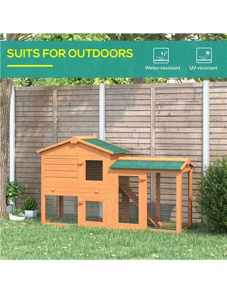 PawHut Rabbit 2 Tier Fir Wood Small Animal Hutch Guinea Pigs Hutches w/ Ramp Brown