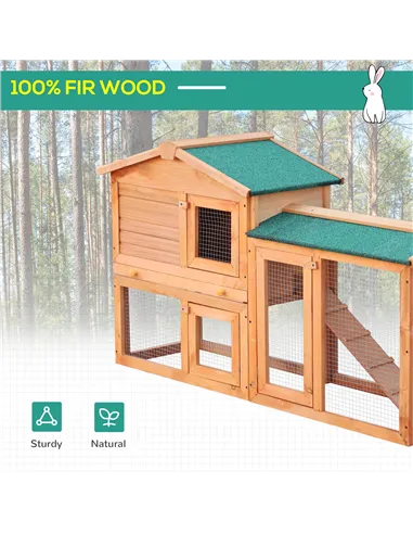 PawHut Rabbit 2 Tier Fir Wood Small Animal Hutch Guinea Pigs Hutches w/ Ramp Brown