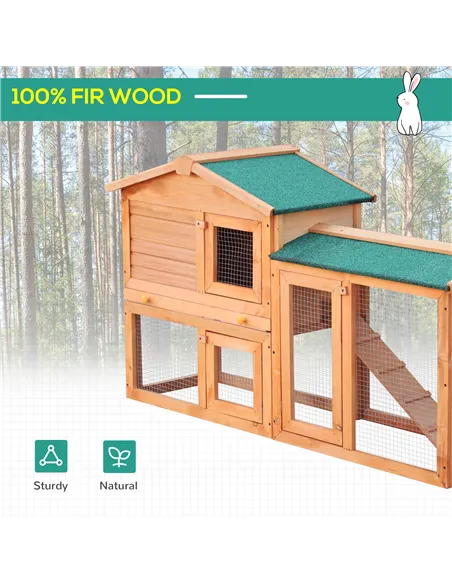 PawHut Rabbit 2 Tier Fir Wood Small Animal Hutch Guinea Pigs Hutches w/ Ramp Brown