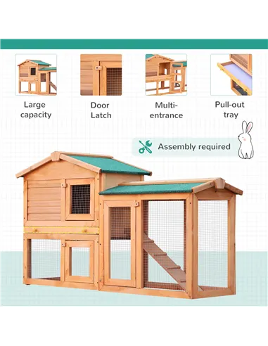 PawHut Rabbit 2 Tier Fir Wood Small Animal Hutch Guinea Pigs Hutches w/ Ramp Brown