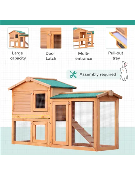PawHut Rabbit 2 Tier Fir Wood Small Animal Hutch Guinea Pigs Hutches w/ Ramp Brown