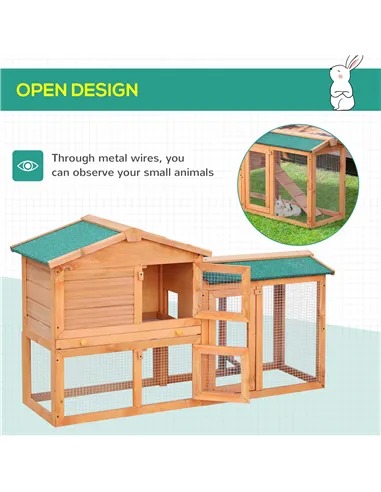 PawHut Rabbit 2 Tier Fir Wood Small Animal Hutch Guinea Pigs Hutches w/ Ramp Brown