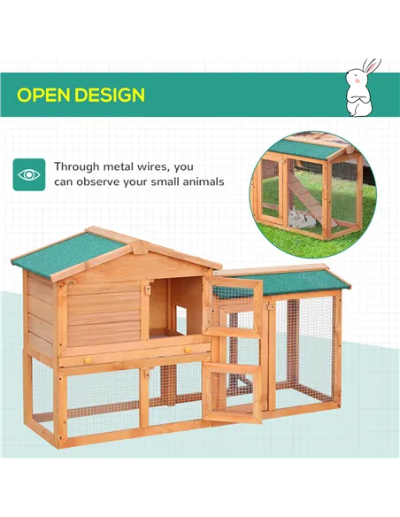 PawHut Rabbit 2 Tier Fir Wood Small Animal Hutch Guinea Pigs Hutches w/ Ramp Brown