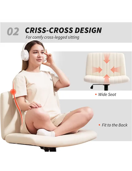 HOMCOM Armless Office Chair No Wheels, Linen Fabric Criss Cross Legged Desk Chair with Wide Seat, Thick Padding, Tilt Function, 