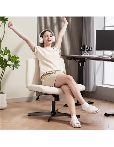 HOMCOM Armless Office Chair No Wheels, Linen Fabric Criss Cross Legged Desk Chair with Wide Seat, Thick Padding, Tilt Function, 