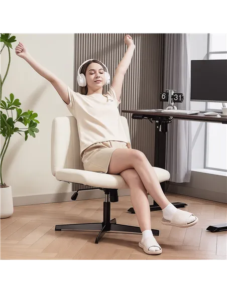 HOMCOM Armless Office Chair No Wheels, Linen Fabric Criss Cross Legged Desk Chair with Wide Seat, Thick Padding, Tilt Function, 