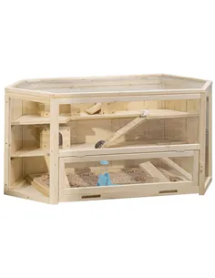 PawHut 3 Tier Wooden Large Hamster Cage with Sliding Tray, Seesaws, Water Bottle, Natural