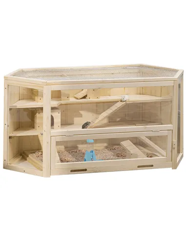 PawHut 3 Tier Wooden Large Hamster Cage with Sliding Tray, Seesaws, Water Bottle, Natural
