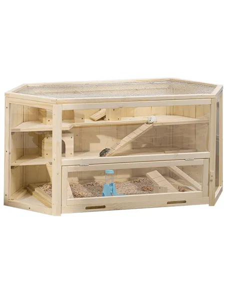 PawHut 3 Tier Wooden Large Hamster Cage with Sliding Tray, Seesaws, Water Bottle, Natural