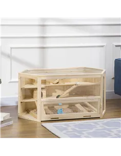 PawHut 3 Tier Wooden Large Hamster Cage with Sliding Tray, Seesaws, Water Bottle, Natural 2