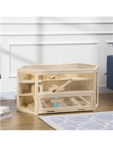 PawHut 3 Tier Wooden Large Hamster Cage with Sliding Tray, Seesaws, Water Bottle, Natural