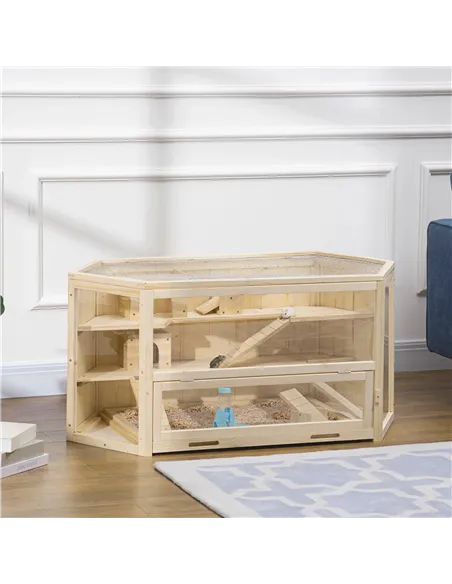 PawHut 3 Tier Wooden Large Hamster Cage with Sliding Tray, Seesaws, Water Bottle, Natural