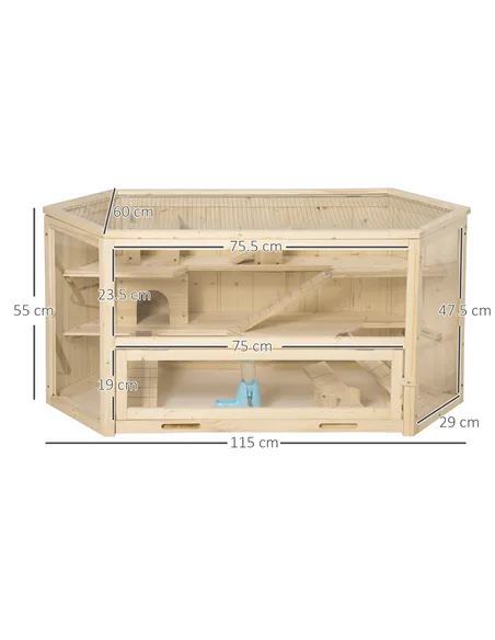 PawHut 3 Tier Wooden Large Hamster Cage with Sliding Tray, Seesaws, Water Bottle, Natural