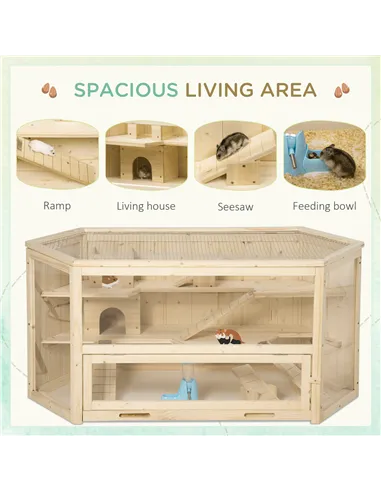 PawHut 3 Tier Wooden Large Hamster Cage with Sliding Tray, Seesaws, Water Bottle, Natural