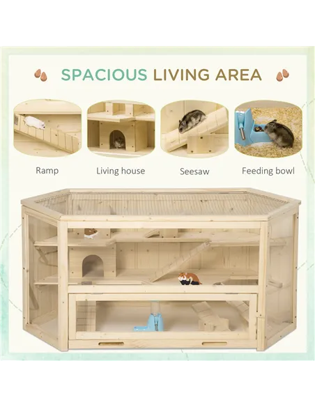 PawHut 3 Tier Wooden Large Hamster Cage with Sliding Tray, Seesaws, Water Bottle, Natural