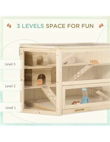 PawHut 3 Tier Wooden Large Hamster Cage with Sliding Tray, Seesaws, Water Bottle, Natural