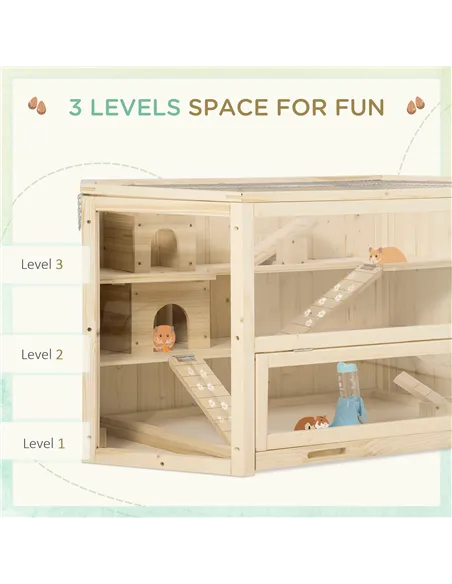PawHut 3 Tier Wooden Large Hamster Cage with Sliding Tray, Seesaws, Water Bottle, Natural