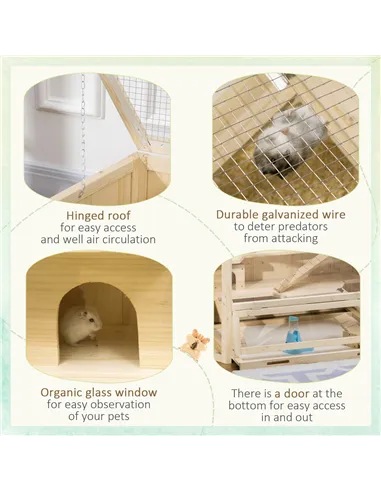 PawHut 3 Tier Wooden Large Hamster Cage with Sliding Tray, Seesaws, Water Bottle, Natural