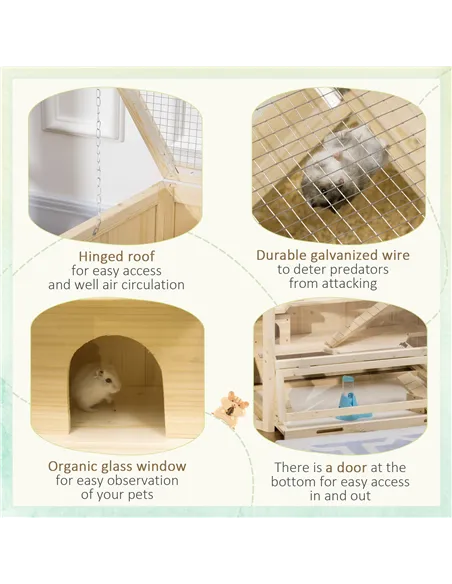 PawHut 3 Tier Wooden Large Hamster Cage with Sliding Tray, Seesaws, Water Bottle, Natural