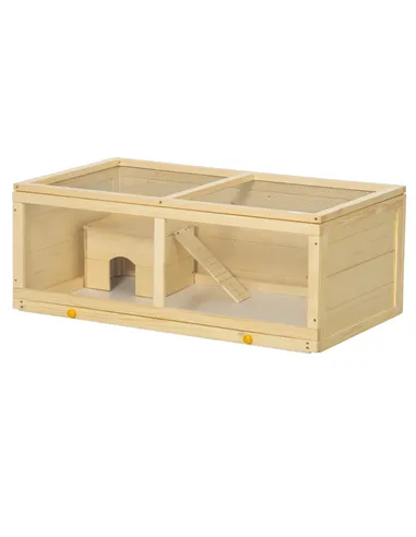 PawHut Wooden Hamster Cage with Sliding Tray, Openable Top, Hut for Syrian Hamster, Natural Wood Finish
