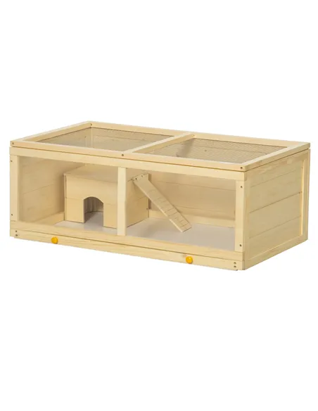 PawHut Wooden Hamster Cage with Sliding Tray, Openable Top, Hut for Syrian Hamster, Natural Wood Finish