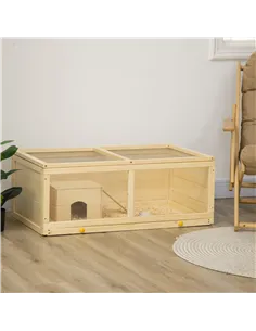 PawHut Wooden Hamster Cage with Sliding Tray, Openable Top, Hut for Syrian Hamster, Natural Wood Finish 2