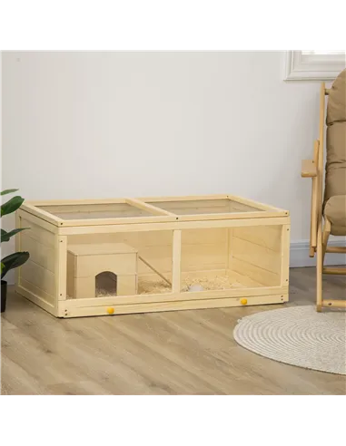 PawHut Wooden Hamster Cage with Sliding Tray, Openable Top, Hut for Syrian Hamster, Natural Wood Finish