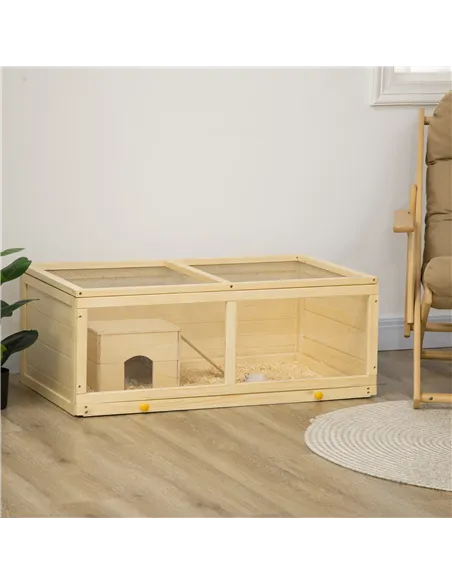 PawHut Wooden Hamster Cage with Sliding Tray, Openable Top, Hut for Syrian Hamster, Natural Wood Finish