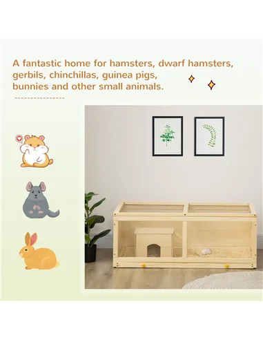 PawHut Wooden Hamster Cage with Sliding Tray, Openable Top, Hut for Syrian Hamster, Natural Wood Finish