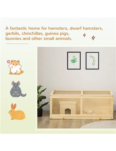 PawHut Wooden Hamster Cage with Sliding Tray, Openable Top, Hut for Syrian Hamster, Natural Wood Finish