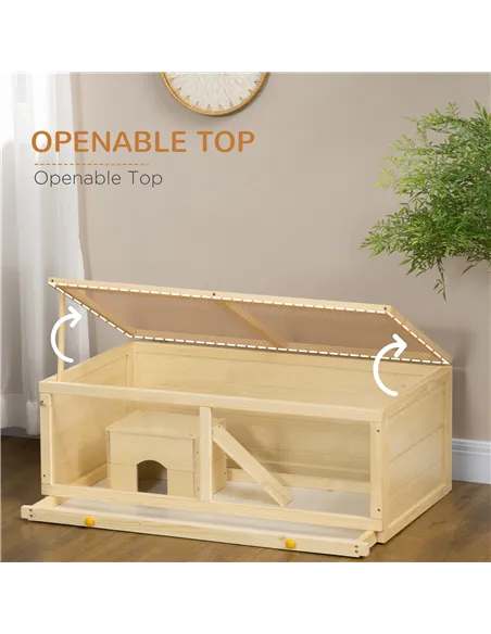 PawHut Wooden Hamster Cage with Sliding Tray, Openable Top, Hut for Syrian Hamster, Natural Wood Finish
