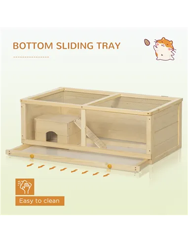 PawHut Wooden Hamster Cage with Sliding Tray, Openable Top, Hut for Syrian Hamster, Natural Wood Finish
